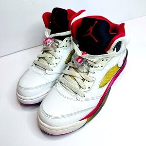 Kids Jordan 5 White and Red Sneakers